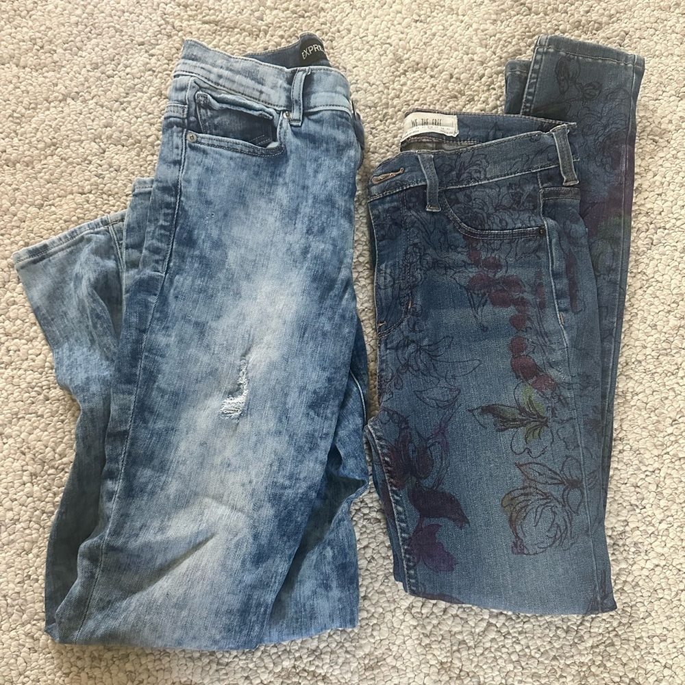 Bundle of 2 skinny jeans: We The Free Floral; Express 80s acid wash